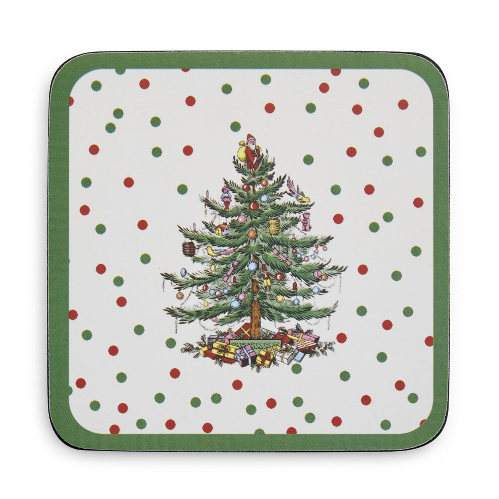 Pimpernel Christmas Tree Polka Dot Coasters  Set of 6  Cork Backed Board  Heat and Stain Resistant  Drinks Coaster for Table