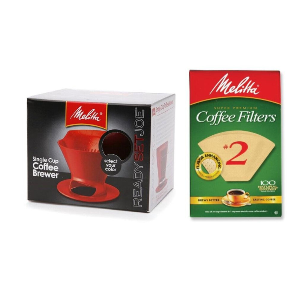 Melitta Pour Over Coffee Cone Brewer  2 Filter Natural Brown Combo Set  Red