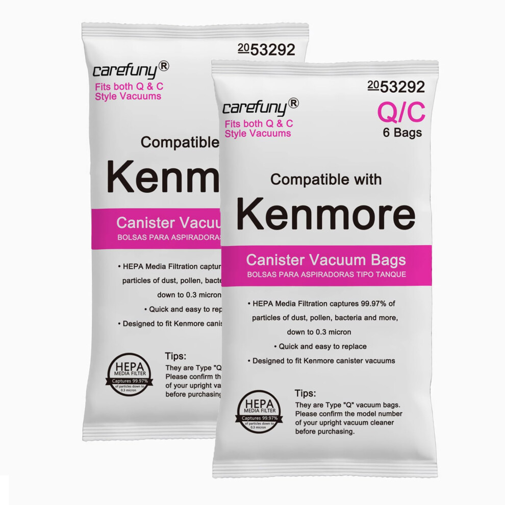 CAREFUNY 12 Pack Type Q HEPA Canister Vacuum Bags for Kenmore 53292 Replacement Canister Vacuum Cleaner Bags for Kenmore 81214