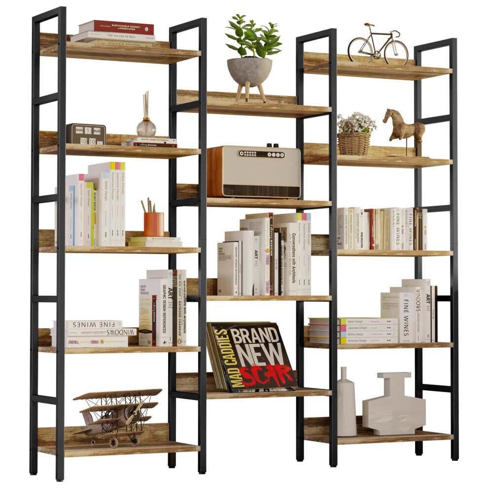 IRONCK Bookcases and Bookshelves Triple Wide 5 Tiers Industrial Bookshelf with Baffles Large Etagere Bookshelf with Metal Frame