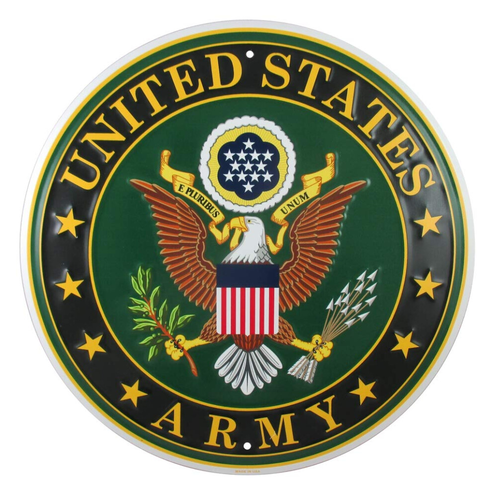 United States Army Logo Metal Sign  12 Inch Round Embossed Aluminum Emblem  US Military Service Branch Wall Decor