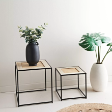 Set of 2 Coffee Tables - Wooden Cane Top with Black Metal Frame