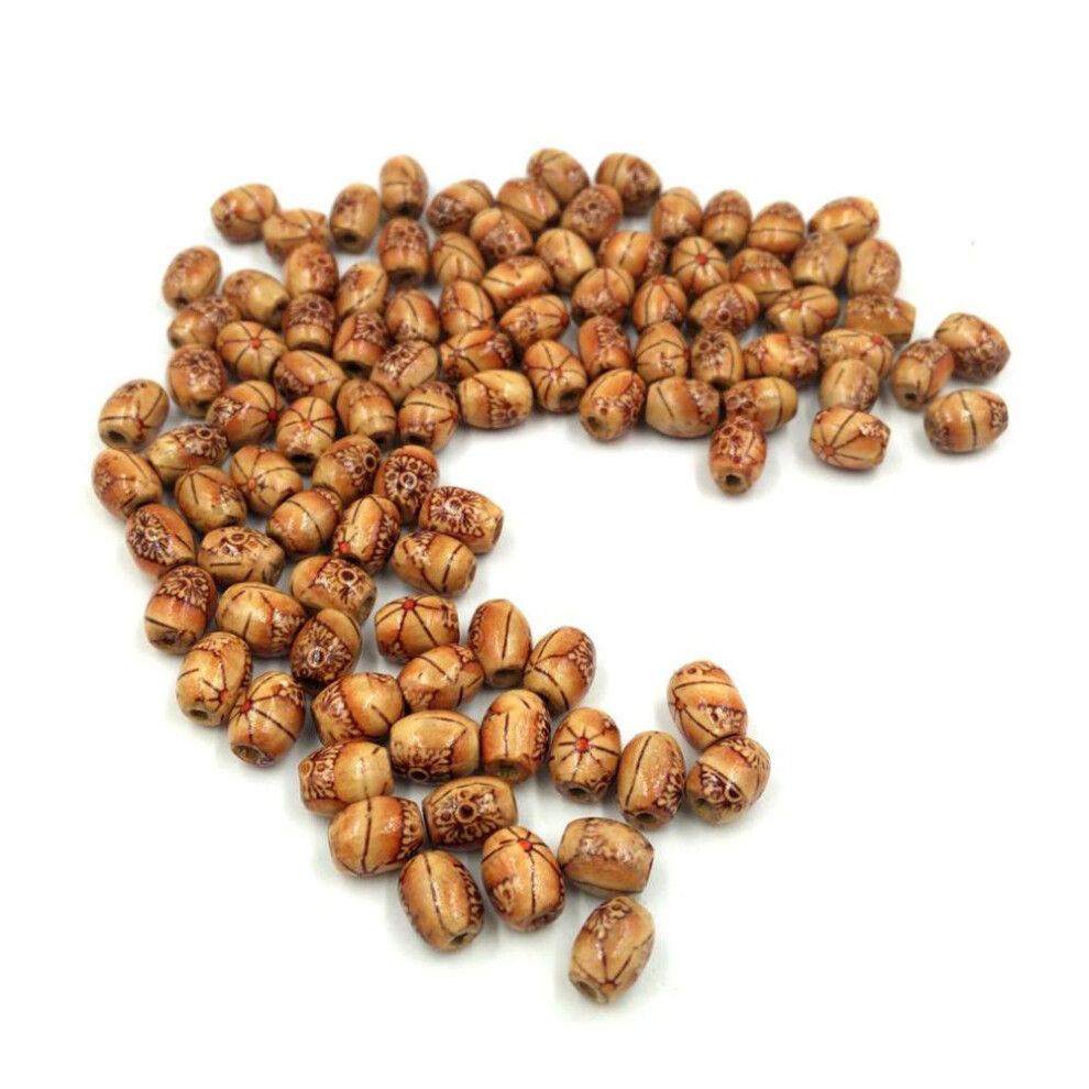 (Brown, 01) 100 Pieces Printed Wooden Barrel Beads