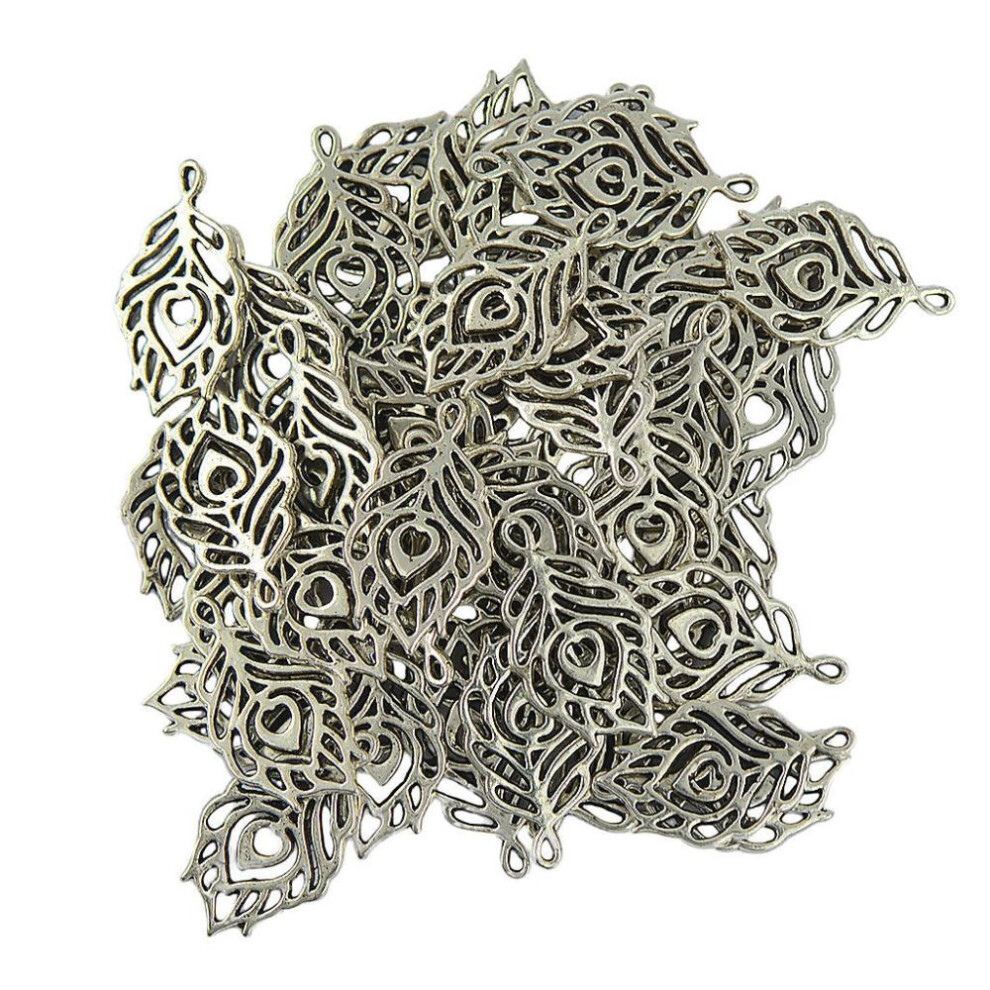 (Silver) 50 Tibetan Silver Filigree Hollow Leaf Heart Charms Pendant Jewelry Gift DIY