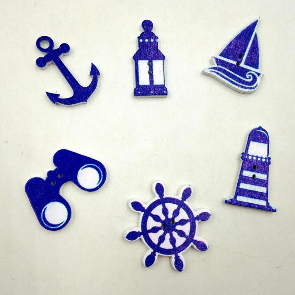 100pcs Assorted Ocean Series Wooden Buttons Embellishments for Decoration Sewing Crafts Blue