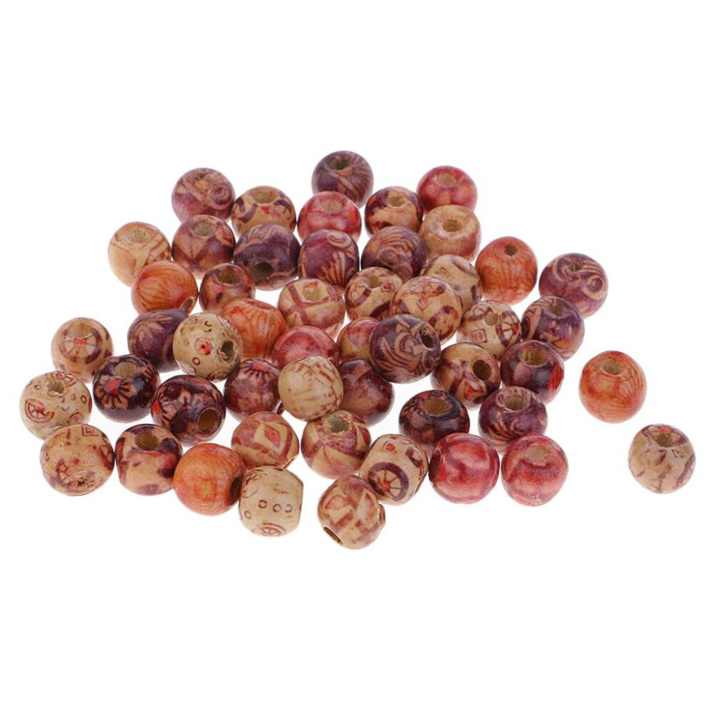(Multicolor, 10mm) 50pcs Printed Wooden Wood Round Beads Jewelry Making Loose Spacer 10mm