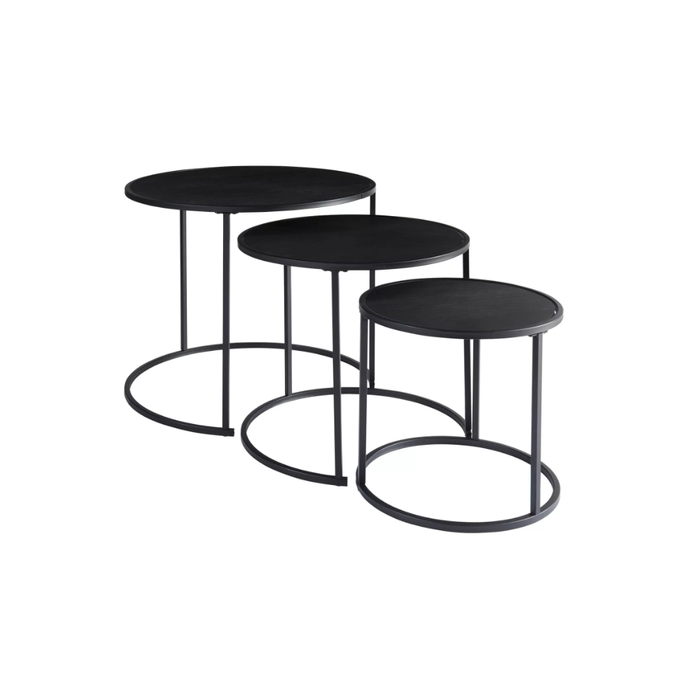 Set of 3 Round Nesting Tables - Wooden Top Side Tables with Black Frame