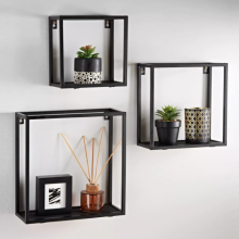 Set of 3 Floating Wall Shelves - Black Metal Display Storage Units