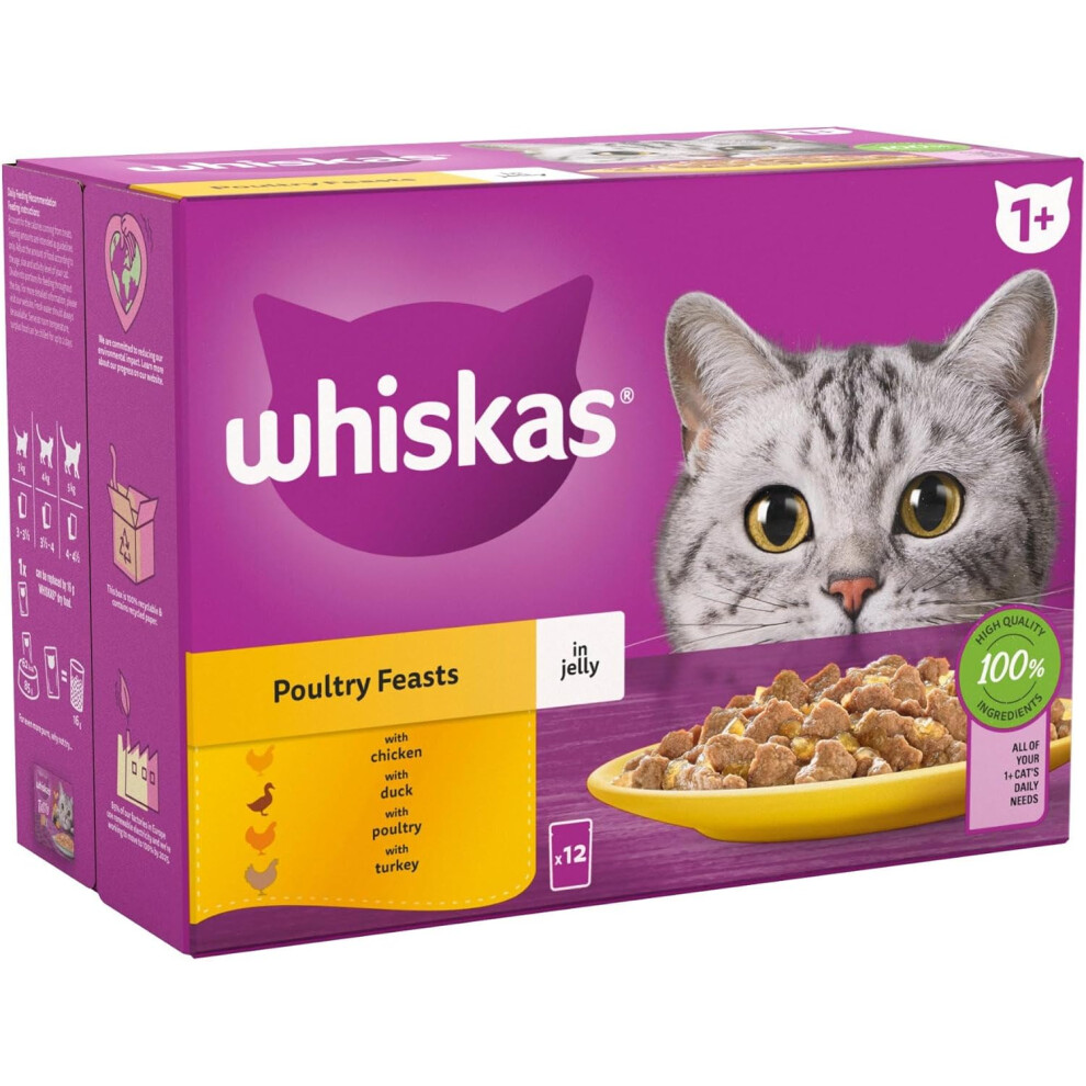 WHISKAS 1+ Cat Pouches Poultry Feasts in Jelly 12 x 85 g