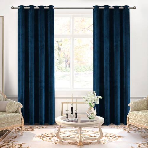 (66 x 72 cm) Velvet Curtains Eyelet Ring Top Thick Blue Curtain