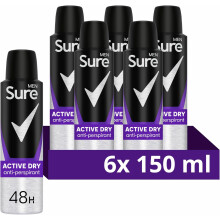 Sure Men Active Dry Anti-perspirant Deodorant Aerosol 48h protection antiperspirant deodorant spray for effective sweat and odour protection 6x 150 ml