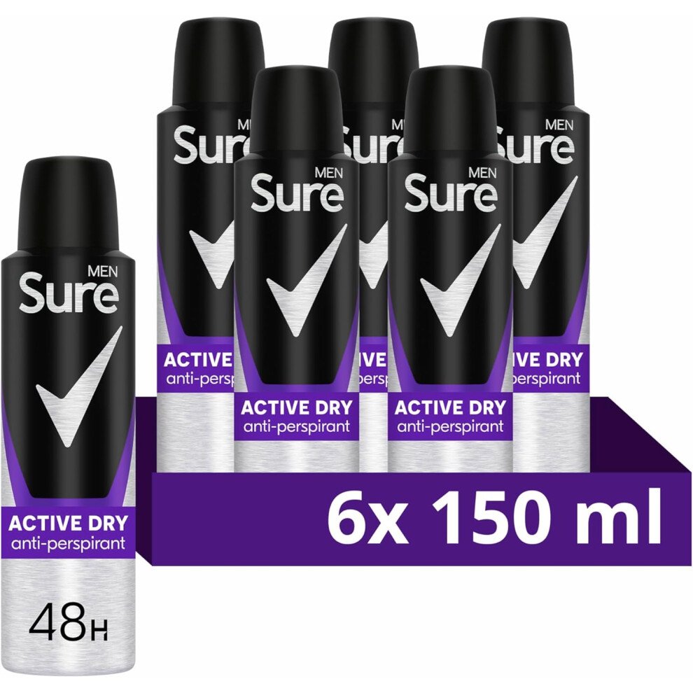 4Sure Sure Men Active Dry Anti-Perspirant Deodorant Aerosol 48H Protection Antiperspirant Deodorant Spray For Effective Sweat And Odour Protection 6X 150 Ml