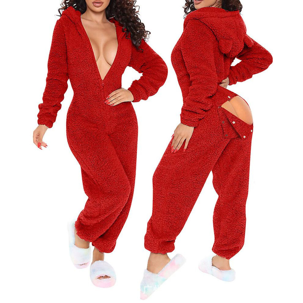 (Red, M) 3d Ear Buttoned Jumpsuit Hooded Home Wear Pajama High Waist Flap Functional Fluffy Lounge Jumpsuits Overalls Solid Color Ncs