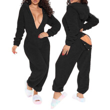 (Black, S) 3d Ear Buttoned Jumpsuit Hooded Home Wear Pajama High Waist Flap Functional Fluffy Lounge Jumpsuits Overalls Solid Color Ncs