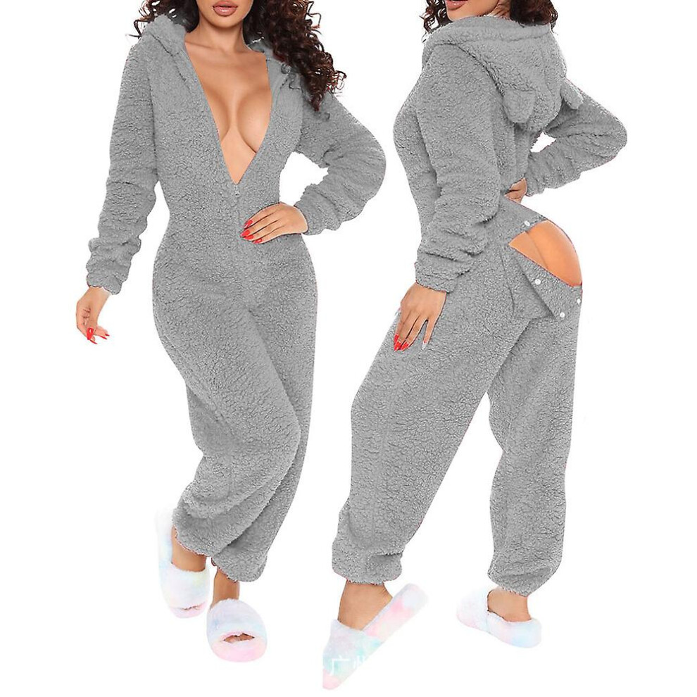 (Gray, L) 3d Ear Buttoned Jumpsuit Hooded Home Wear Pajama High Waist Flap Functional Fluffy Lounge Jumpsuits Overalls Solid Color Ncs