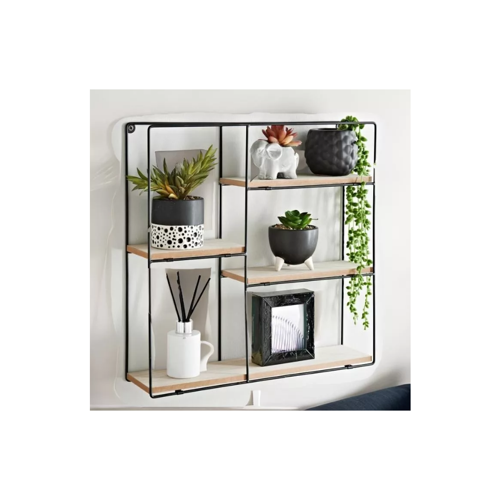 Square Black Wall Shelf - Metal and Wood Multi-Section Unit