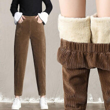 (M 45to53KG, Black) Plush Thick Casual Pants Women's Corduroy Warm Pants Autumn Winter Leggings High Waist Harem Pants Trousers Women