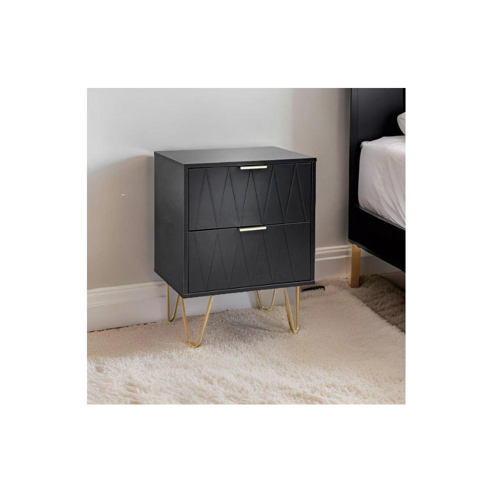 Modern Black Bedside Table - Wooden Nightstand with 2 Storage Drawers