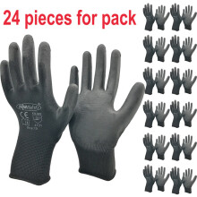 (L, PU1350BLK-12pairs) 24Pieces/12 Pairs Safety Working Gloves Black Pu Nylon Cotton Glove Industrial