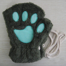 (One Size, green) Girls Cute Cat Paw Fluffy Claw Fingerless Gloves Warm Soft Plush Fingerless
