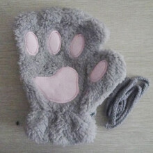 (One Size, grey) Girls Cute Cat Paw Fluffy Claw Fingerless Gloves Warm Soft Plush Fingerless