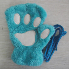 (One Size, lake blue) Girls Cute Cat Paw Fluffy Claw Fingerless Gloves Warm Soft Plush Fingerless
