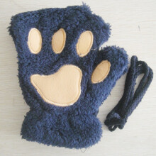 (One Size, navy) Girls Cute Cat Paw Fluffy Claw Fingerless Gloves Warm Soft Plush Fingerless