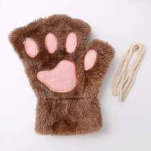 (One Size, khaki) Girls Cute Cat Paw Fluffy Claw Fingerless Gloves Warm Soft Plush Fingerless