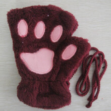 (One Size, wine red) Girls Cute Cat Paw Fluffy Claw Fingerless Gloves Warm Soft Plush Fingerless