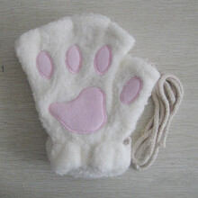 (One Size, white) Girls Cute Cat Paw Fluffy Claw Fingerless Gloves Warm Soft Plush Fingerless