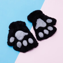 (black) Kids Cute Cat Claw Paw Plush Mittens Warm Soft Plush Short Fingerless