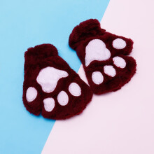 (wine red) Kids Cute Cat Claw Paw Plush Mittens Warm Soft Plush Short Fingerless