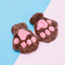 (khaki) Kids Cute Cat Claw Paw Plush Mittens Warm Soft Plush Short Fingerless