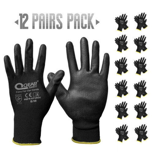 (Black 12 Pairs) 12 Pairs PU Thin Work Safety Gloves, Multi-Function, Light-Weight, Anti-Slip, 2