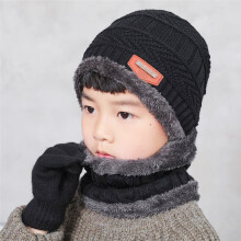 (3-12T, Black 3 Pcs Set) 2019 Child Winter Knitted Hat And Scarf Gloves Set Boy Girls Warm Plush