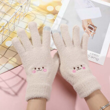 (One Size, khaki) 1Pair Winter Warm Plush Gloves Cute Student Japanese Girl Smile Knitted