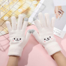 (One Size, white) 1Pair Winter Warm Plush Gloves Cute Student Japanese Girl Smile Knitted