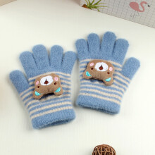 (Blue Stripe(3-8Y)) Winter Coral Fleece Kids Short Gloves Thicken Children Baby Love Plush