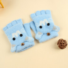 (Blue W Flip(3-8Y)) Winter Coral Fleece Kids Short Gloves Thicken Children Baby Love Plush