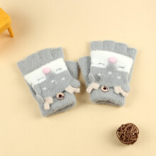 (Gray Elk Flip(3-8Y)) Winter Coral Fleece Kids Short Gloves Thicken Children Baby Love Plush