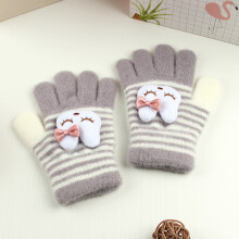 (Gray Stripe(3-8Y)) Winter Coral Fleece Kids Short Gloves Thicken Children Baby Love Plush
