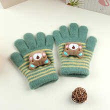(Green Stripe(3-8Y)) Winter Coral Fleece Kids Short Gloves Thicken Children Baby Love Plush