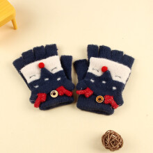 (Navy Elk Flip(3-8Y)) Winter Coral Fleece Kids Short Gloves Thicken Children Baby Love Plush