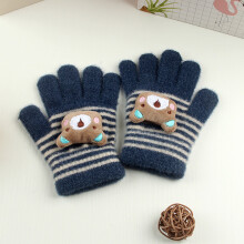 (Navy Stripe(3-8Y)) Winter Coral Fleece Kids Short Gloves Thicken Children Baby Love Plush