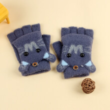 (Navy W Flip(3-8Y)) Winter Coral Fleece Kids Short Gloves Thicken Children Baby Love Plush
