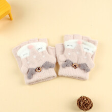 (Pink Elk Flip(3-8Y)) Winter Coral Fleece Kids Short Gloves Thicken Children Baby Love Plush