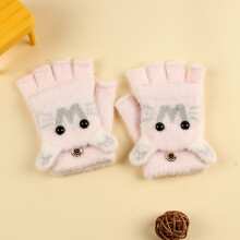 (Pink W Flip(3-8Y)) Winter Coral Fleece Kids Short Gloves Thicken Children Baby Love Plush