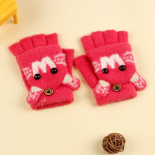(Red W Flip(3-8Y)) Winter Coral Fleece Kids Short Gloves Thicken Children Baby Love Plush