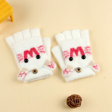 (White W Flip(3-8Y)) Winter Coral Fleece Kids Short Gloves Thicken Children Baby Love Plush