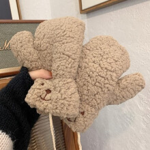 (One Size, Khaki type B) Soft Plush Winter Thick Warm Fingerless Gloves Girls Korean Japanese Solid